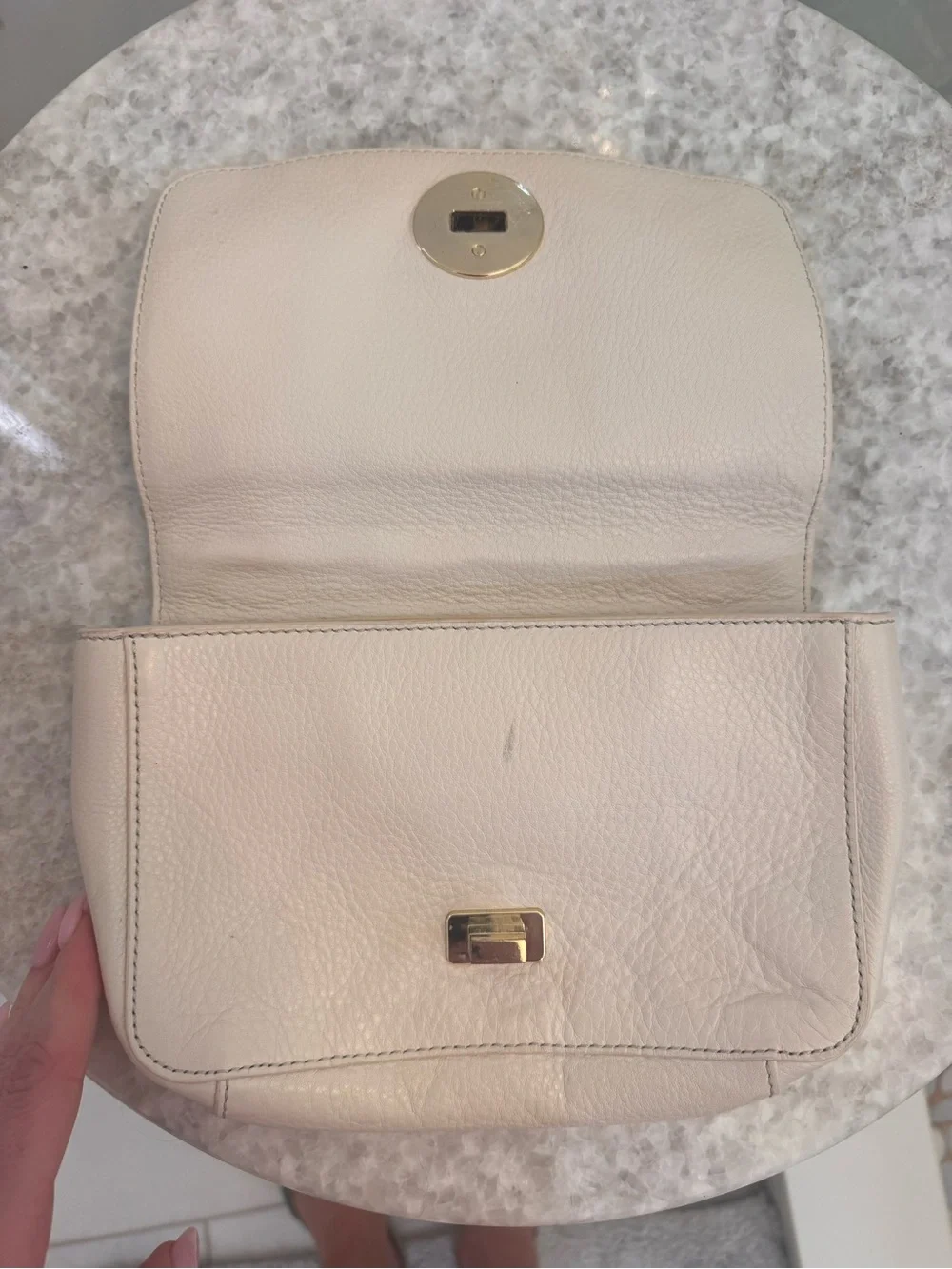 Tory Burch Light Cream Pebbled Leather Crossbody with Gold Logo Chain